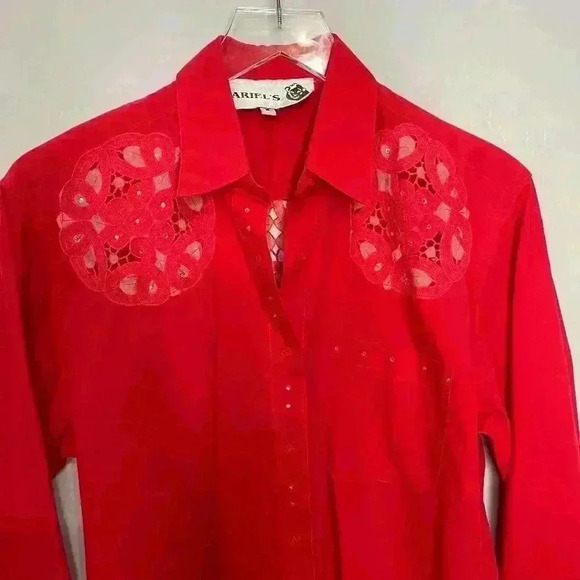 Vintage Ariel's Red Western Long Sleeve Rhinestone Floral Cutout Button Up Small - Picture 3 of 7